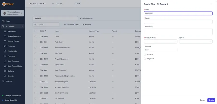 Chart of accounts in Concord CRM listing account codes, names, types and balances Chart of accounts in Concord CRM listing account codes, names, types and balances