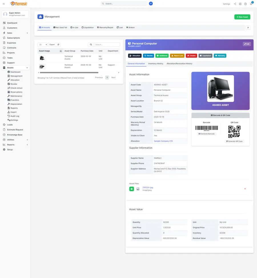 Asset allocation and check-out tracking screen in Perfex CRM Asset allocation and check-out tracking screen in Perfex CRM