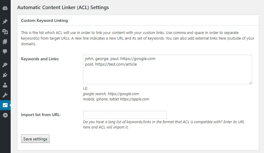 Automatic Content Linker auto-linking settings in WordPress Automatic Content Linker auto-linking settings in WordPress