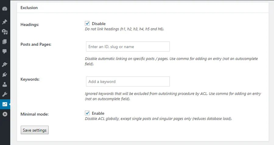 Automatic Content Linker exclusion settings in the WordPress editor Automatic Content Linker exclusion settings in the WordPress editor