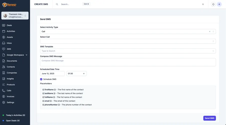 Compose and schedule an SMS in Concord CRM with merge-field placeholders Compose and schedule an SMS in Concord CRM with merge-field placeholders