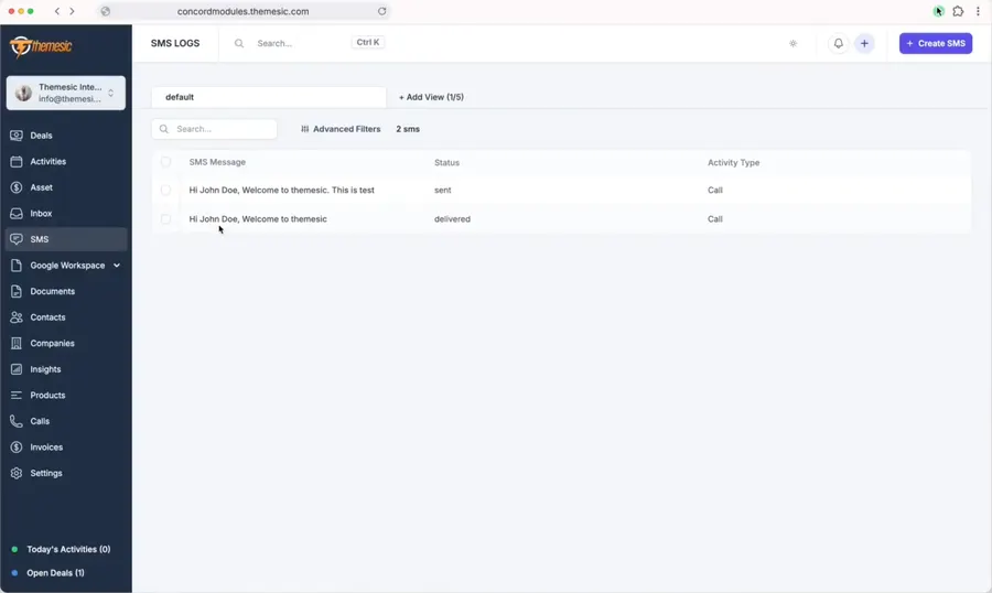 SMS log view showing delivered and failed message statuses in Concord CRM SMS log view showing delivered and failed message statuses in Concord CRM