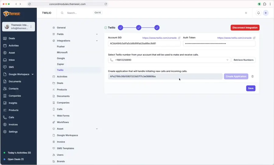 Twilio integration setup inside Concord CRM Twilio integration setup inside Concord CRM