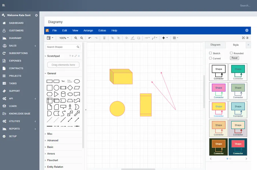 Diagramy diagram editor for Perfex CRM with shape libraries and a drawing canvas Diagramy diagram editor for Perfex CRM with shape libraries and a drawing canvas