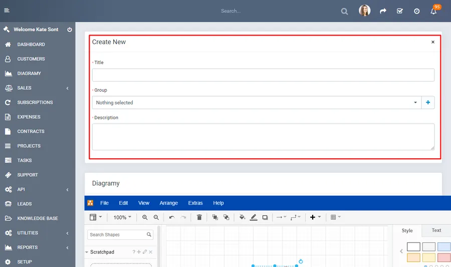 Creating and organising a diagram with a title, group, and description in Perfex CRM Creating and organising a diagram with a title, group, and description in Perfex CRM