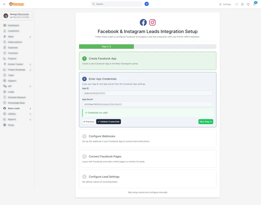 Entering and validating Facebook App credentials in the Perfex CRM setup wizard Entering and validating Facebook App credentials in the Perfex CRM setup wizard