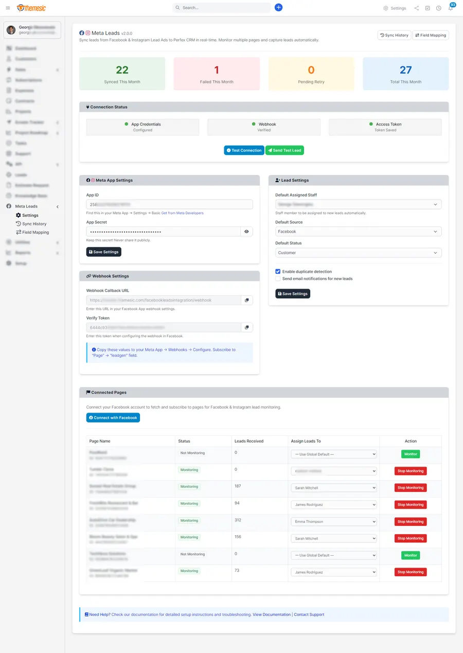 Facebook Leads sync dashboard in Perfex CRM with statistics, connection status and per-page assignment Facebook Leads sync dashboard in Perfex CRM with statistics, connection status and per-page assignment