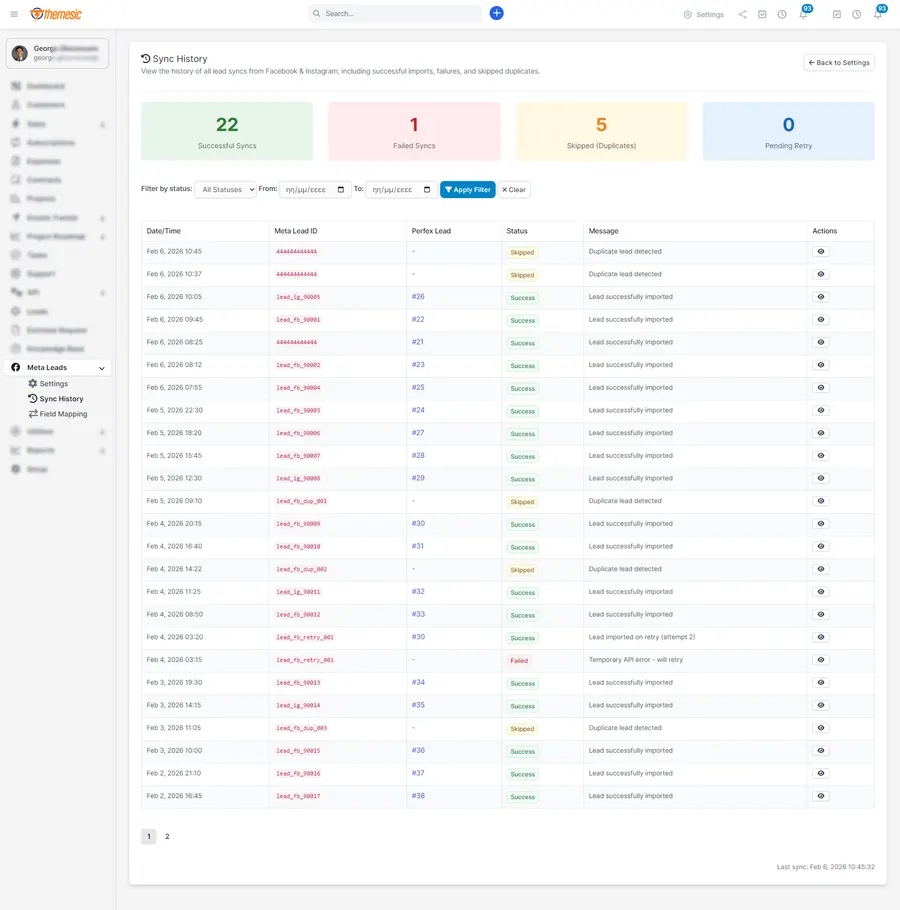 Filterable Facebook and Instagram lead sync history with success, skipped and failed statuses Filterable Facebook and Instagram lead sync history with success, skipped and failed statuses