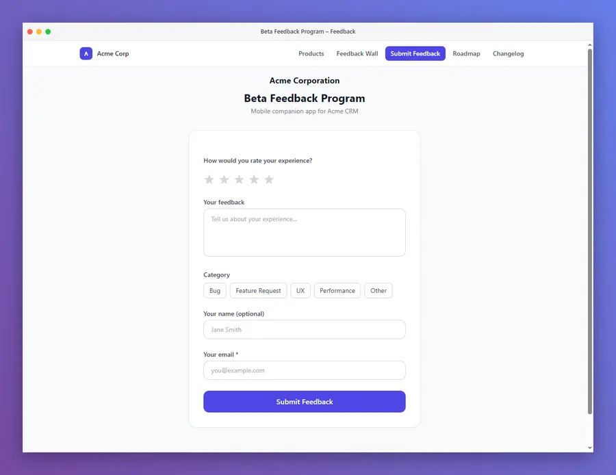 FeedbackPulse public customer feedback form with star rating and NPS on desktop FeedbackPulse public customer feedback form with star rating and NPS on desktop