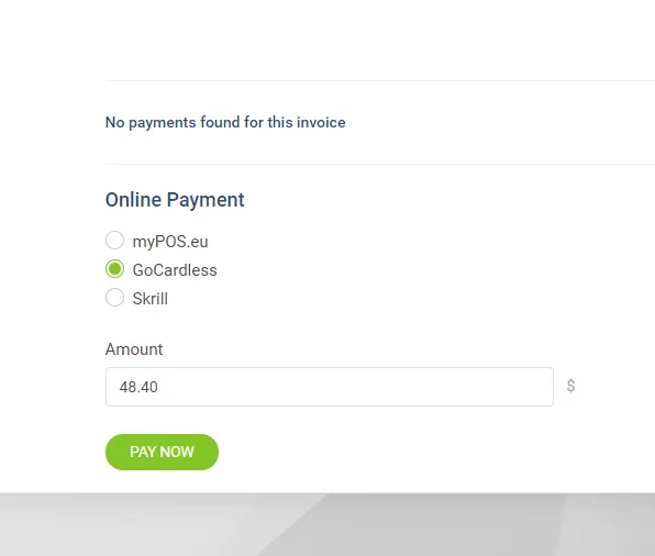Subscribe with GoCardless on the Perfex CRM subscription page Subscribe with GoCardless on the Perfex CRM subscription page