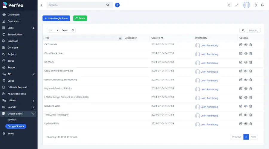 Google Workspace integration for Perfex CRM showing synced files with fetch and management actions Google Workspace integration for Perfex CRM showing synced files with fetch and management actions