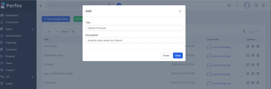 Adding a new Google spreadsheet with title and description inside Perfex CRM Adding a new Google spreadsheet with title and description inside Perfex CRM