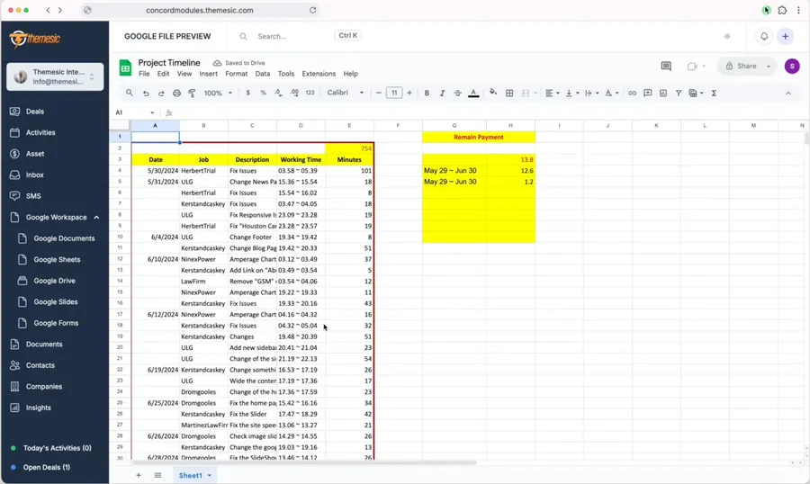 Google Sheets editor embedded inside Concord CRM showing a project timeline spreadsheet Google Sheets editor embedded inside Concord CRM showing a project timeline spreadsheet
