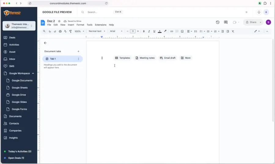Google Docs editor open inside Concord CRM with templates and meeting notes Google Docs editor open inside Concord CRM with templates and meeting notes