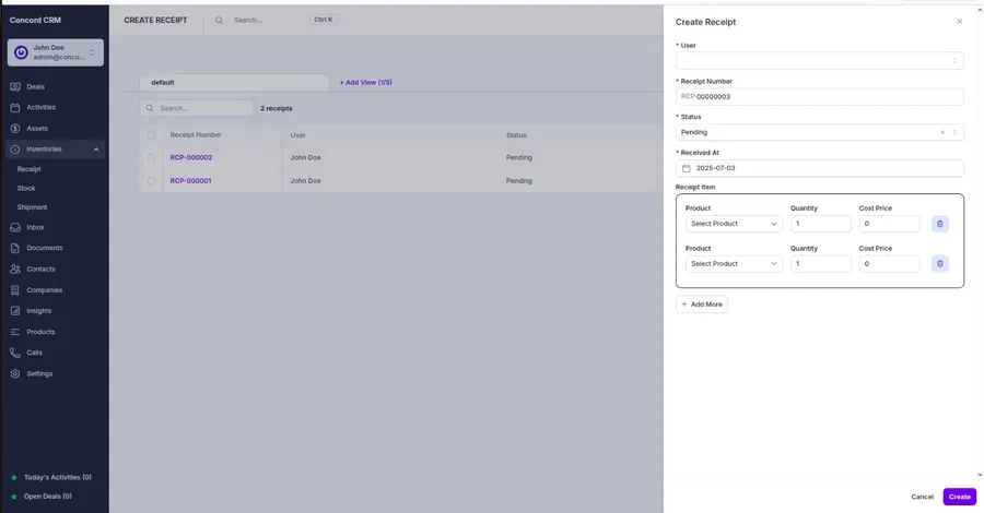 Create a goods receipt in Concord CRM with products, quantities and cost price Create a goods receipt in Concord CRM with products, quantities and cost price