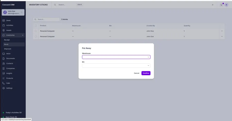 Assigning received stock to a warehouse and bin in Concord CRM Assigning received stock to a warehouse and bin in Concord CRM