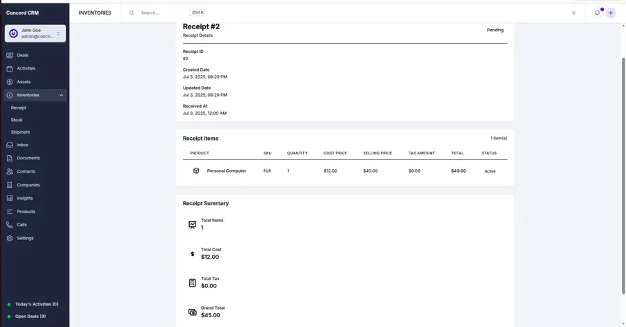 Receipt detail view with cost price and receipt totals in Concord CRM Receipt detail view with cost price and receipt totals in Concord CRM