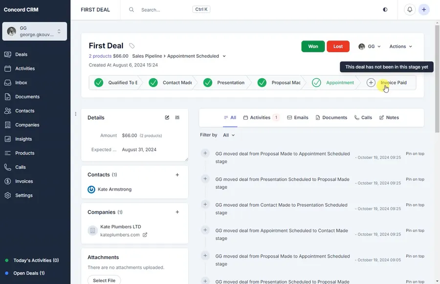 Concord CRM deal pipeline with an Invoice Paid stage reached after payment Concord CRM deal pipeline with an Invoice Paid stage reached after payment
