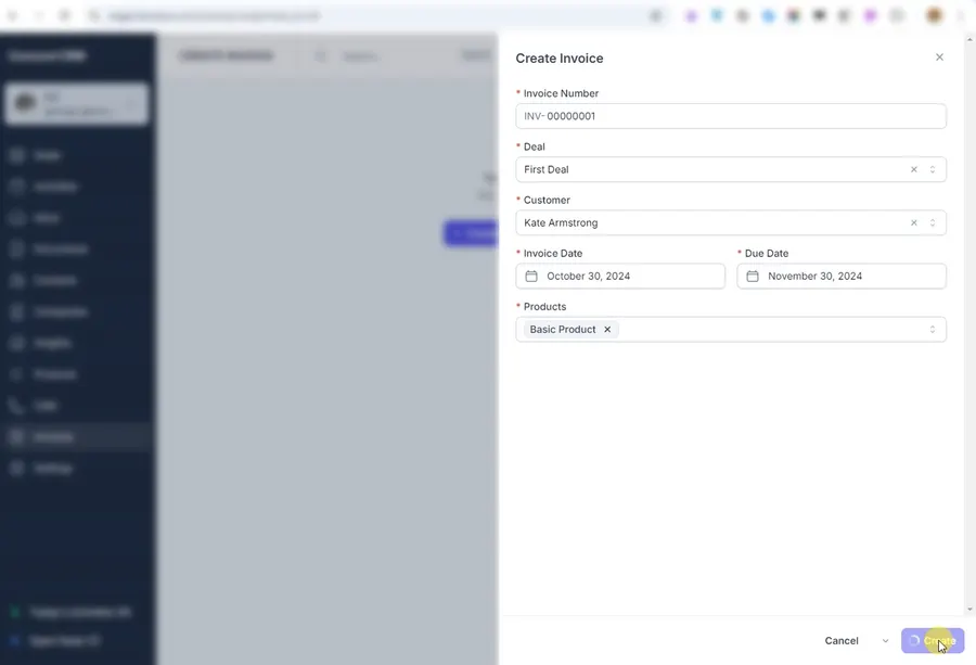 Create Invoice screen integrated natively into the Concord CRM interface Create Invoice screen integrated natively into the Concord CRM interface