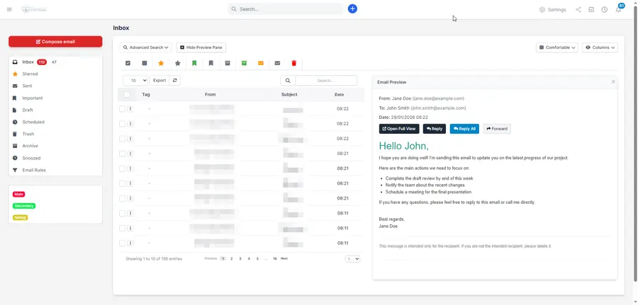 Gmail-style webmail inbox inside Perfex CRM with split preview pane, tags and density options Gmail-style webmail inbox inside Perfex CRM with split preview pane, tags and density options