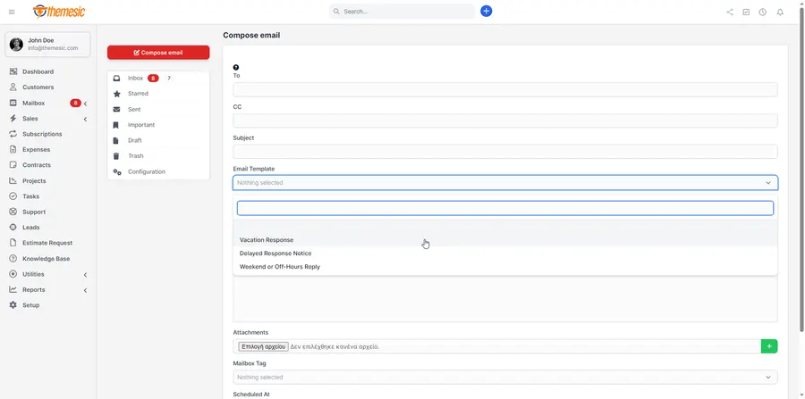 Composing an email in Perfex CRM Mailbox with templates, scheduling, tags and attachments Composing an email in Perfex CRM Mailbox with templates, scheduling, tags and attachments