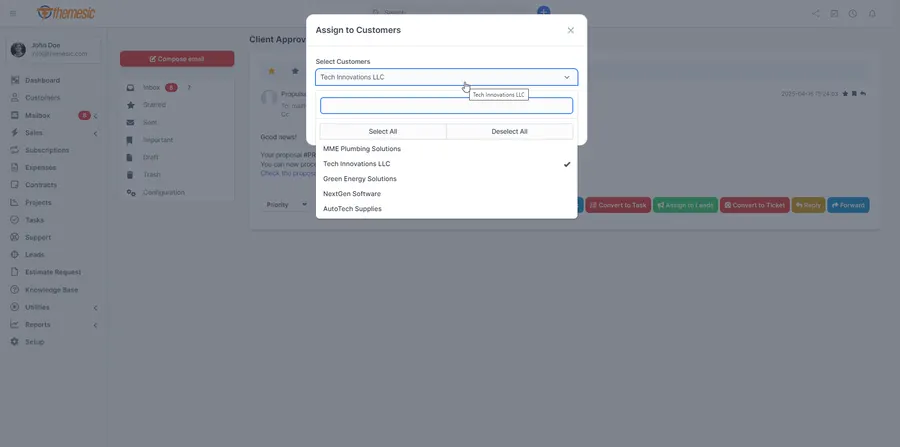 Assigning an incoming email to a customer record inside Perfex CRM Mailbox Assigning an incoming email to a customer record inside Perfex CRM Mailbox