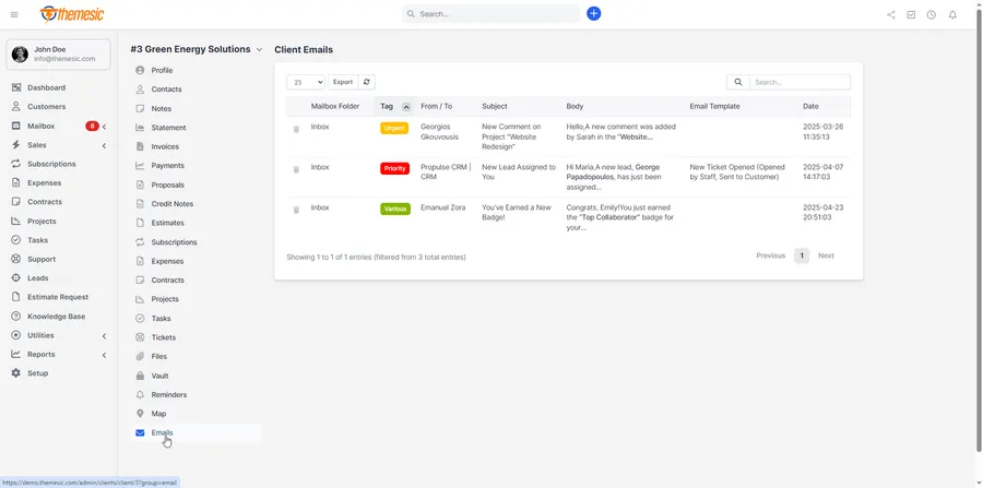 Emails linked to a customer profile alongside invoices, projects and tickets in Perfex CRM Emails linked to a customer profile alongside invoices, projects and tickets in Perfex CRM