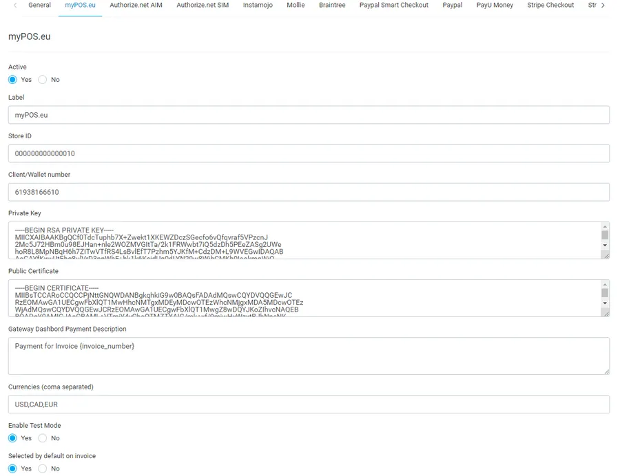 myPOS payment gateway settings screen in Perfex CRM myPOS payment gateway settings screen in Perfex CRM