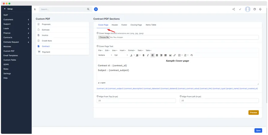 Cover and closing pages added to a Perfex CRM document in the PDF Customizer Cover and closing pages added to a Perfex CRM document in the PDF Customizer