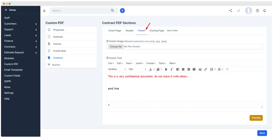 Branded header and footer applied to a Perfex CRM PDF document Branded header and footer applied to a Perfex CRM PDF document