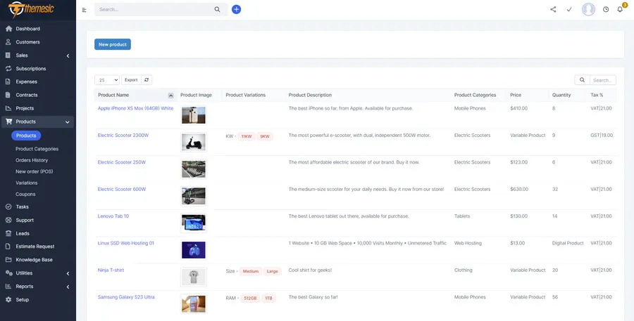 Perfex Shop product management screen listing products, variations, categories and prices Perfex Shop product management screen listing products, variations, categories and prices