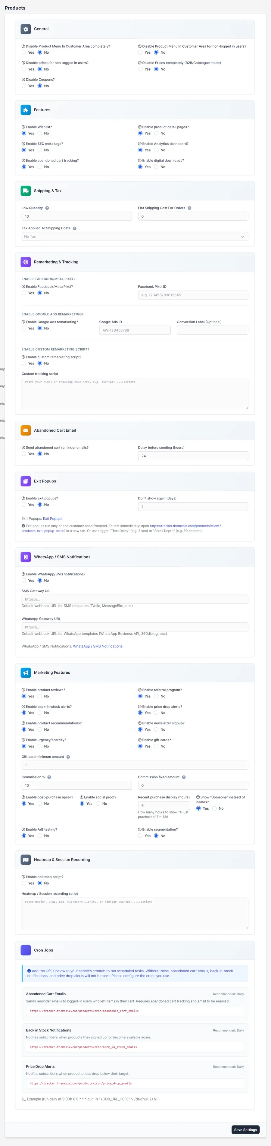 Perfex Shop single settings page with all feature toggles, remarketing, abandoned cart and cron options Perfex Shop single settings page with all feature toggles, remarketing, abandoned cart and cron options