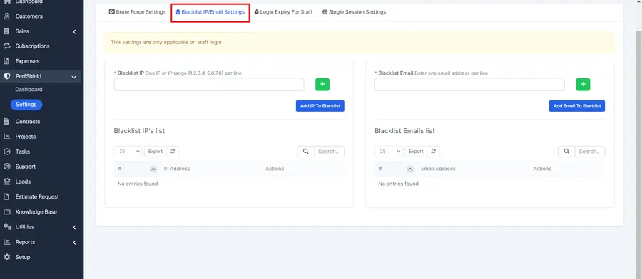 PerfShield brute force settings for staff login protection in Perfex CRM PerfShield brute force settings for staff login protection in Perfex CRM
