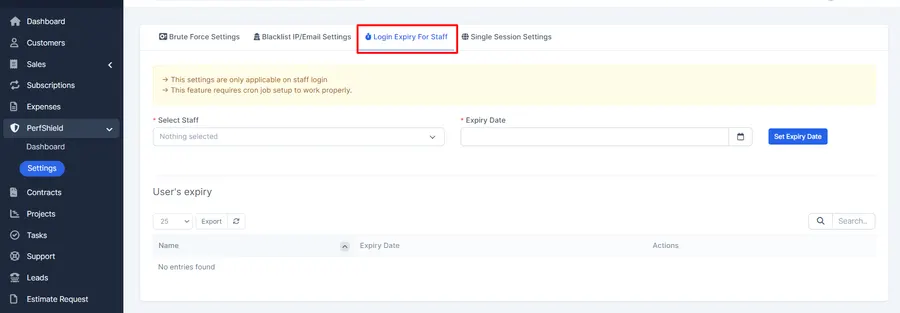 PerfShield blacklist settings for IP addresses, IP ranges and users in Perfex CRM PerfShield blacklist settings for IP addresses, IP ranges and users in Perfex CRM