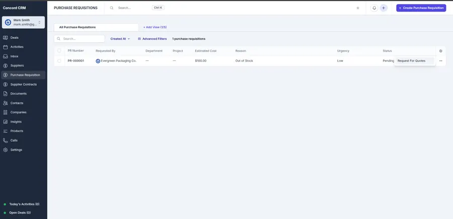 Purchase Management module dashboard inside Concord CRM Purchase Management module dashboard inside Concord CRM