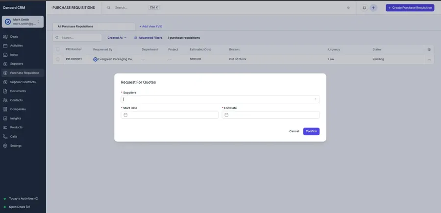 Purchase status tracking and workflow in Concord CRM Purchase status tracking and workflow in Concord CRM