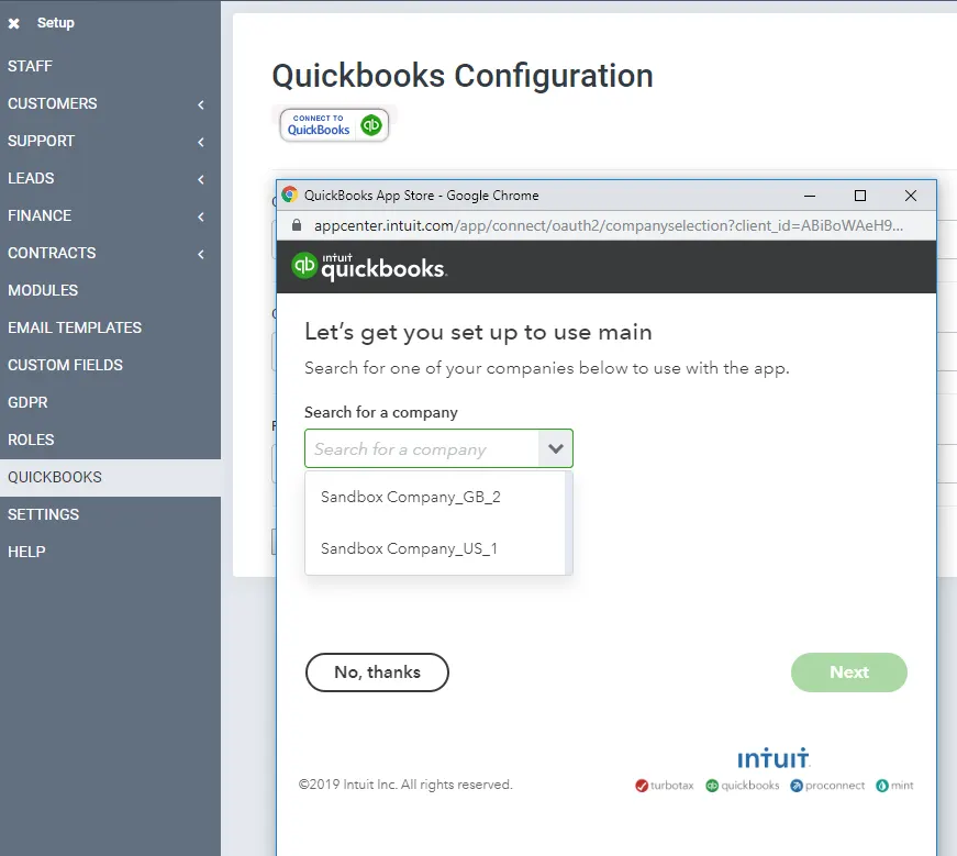 QuickBooks company selection while connecting the Perfex CRM module QuickBooks company selection while connecting the Perfex CRM module