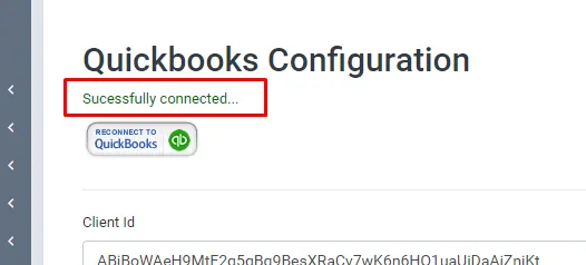 Perfex CRM QuickBooks configuration screen confirming the connection Perfex CRM QuickBooks configuration screen confirming the connection