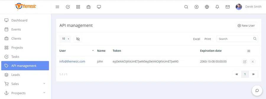 RISE CRM REST API keys management screen RISE CRM REST API keys management screen