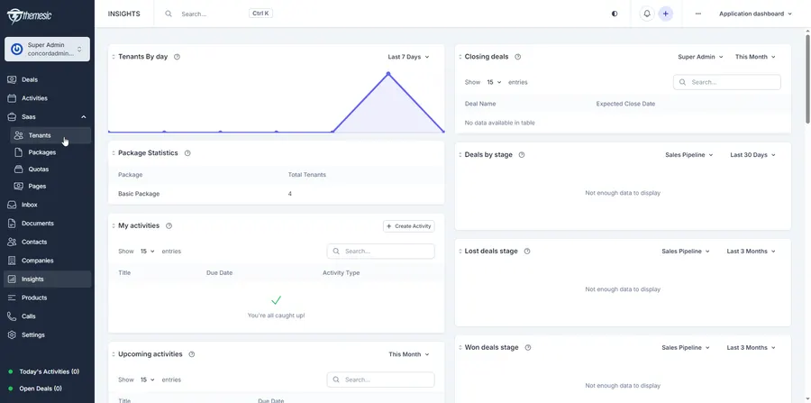 Concord CRM SaaS super admin dashboard showing tenants by day, package statistics and deal pipeline analytics Concord CRM SaaS super admin dashboard showing tenants by day, package statistics and deal pipeline analytics