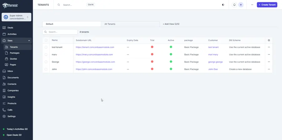Tenants list in the Concord CRM SaaS module showing subdomain URLs, trial and active status, assigned package, customer and database scheme Tenants list in the Concord CRM SaaS module showing subdomain URLs, trial and active status, assigned package, customer and database scheme