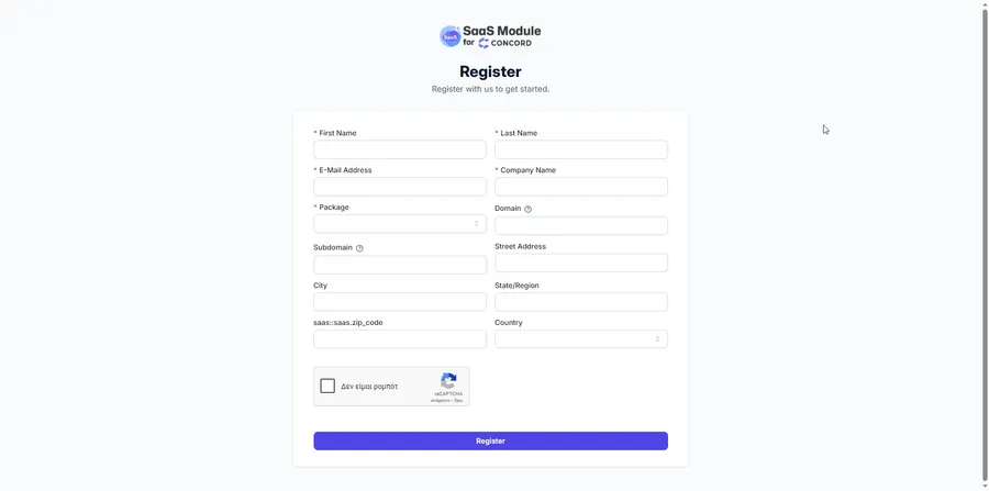 Self-service tenant registration form for the Concord CRM SaaS module with name, company, package, domain and subdomain fields Self-service tenant registration form for the Concord CRM SaaS module with name, company, package, domain and subdomain fields