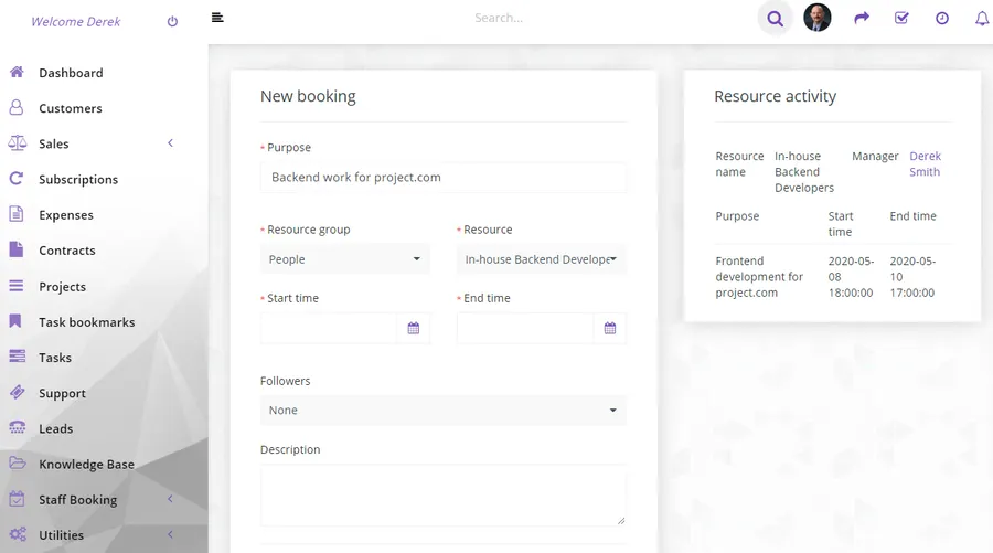 Creating a new booking in the Perfex CRM staff outsourcing module Creating a new booking in the Perfex CRM staff outsourcing module