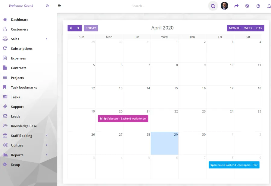Calendar view of staff resource bookings in Perfex CRM Calendar view of staff resource bookings in Perfex CRM