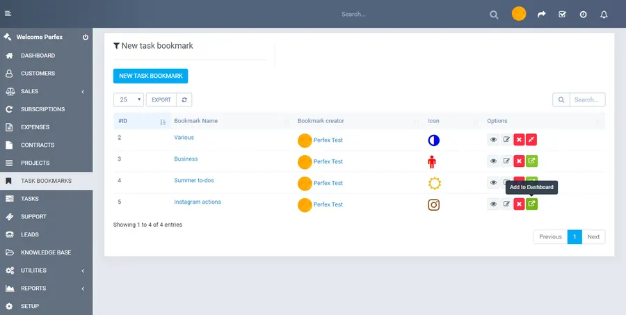 Appending Perfex CRM tasks to bookmark lists from a dedicated task column Appending Perfex CRM tasks to bookmark lists from a dedicated task column