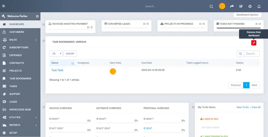 Perfex CRM tasks pinned to the dashboard and sorted by color-coded bookmark Perfex CRM tasks pinned to the dashboard and sorted by color-coded bookmark