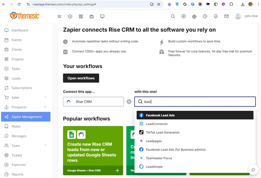 RISE CRM Zapier management screen connecting RISE CRM to a third-party app RISE CRM Zapier management screen connecting RISE CRM to a third-party app