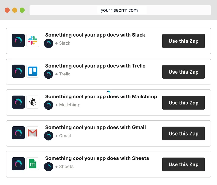 Pre-built RISE CRM Zap connecting the CRM to other services through Zapier Pre-built RISE CRM Zap connecting the CRM to other services through Zapier